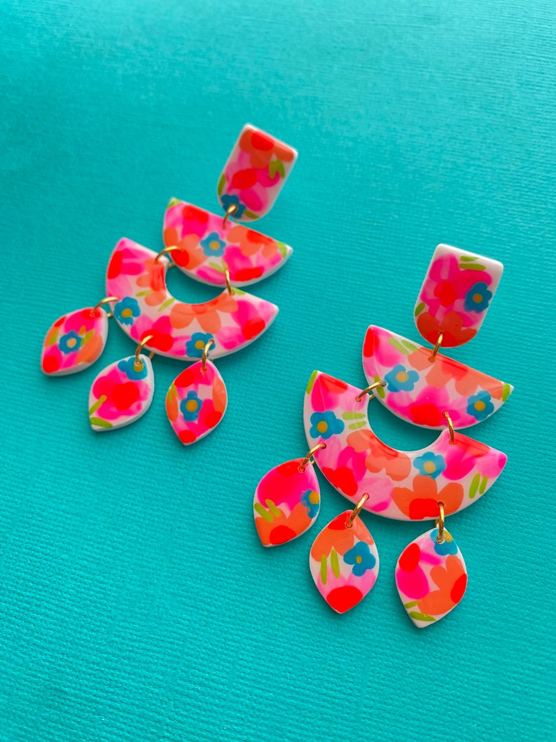 CLEO Colorful Neon Florals Hand Made To Order Polymer Clay Earring Neon Pink Orange Blue image 2