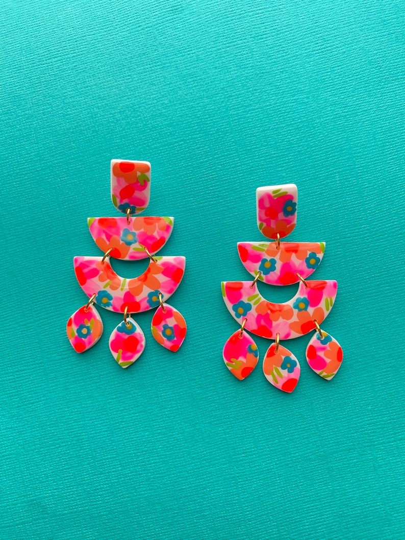 CLEO Colorful Neon Florals Hand Made To Order Polymer Clay Earring Neon Pink Orange Blue image 3