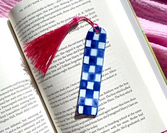 Hand Painted Polymer Clay Bookmark | Blue Checkered Print with Pink Tassel | Perfect Gift for Book Lovers