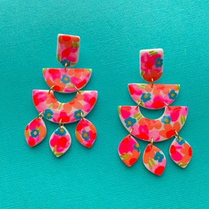 CLEO Colorful Neon Florals Hand Made To Order Polymer Clay Earring Neon Pink Orange Blue image 1