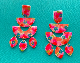 CLEO | Colorful Neon Florals | Hand Made To Order Polymer Clay Earring | Neon Pink Orange Blue