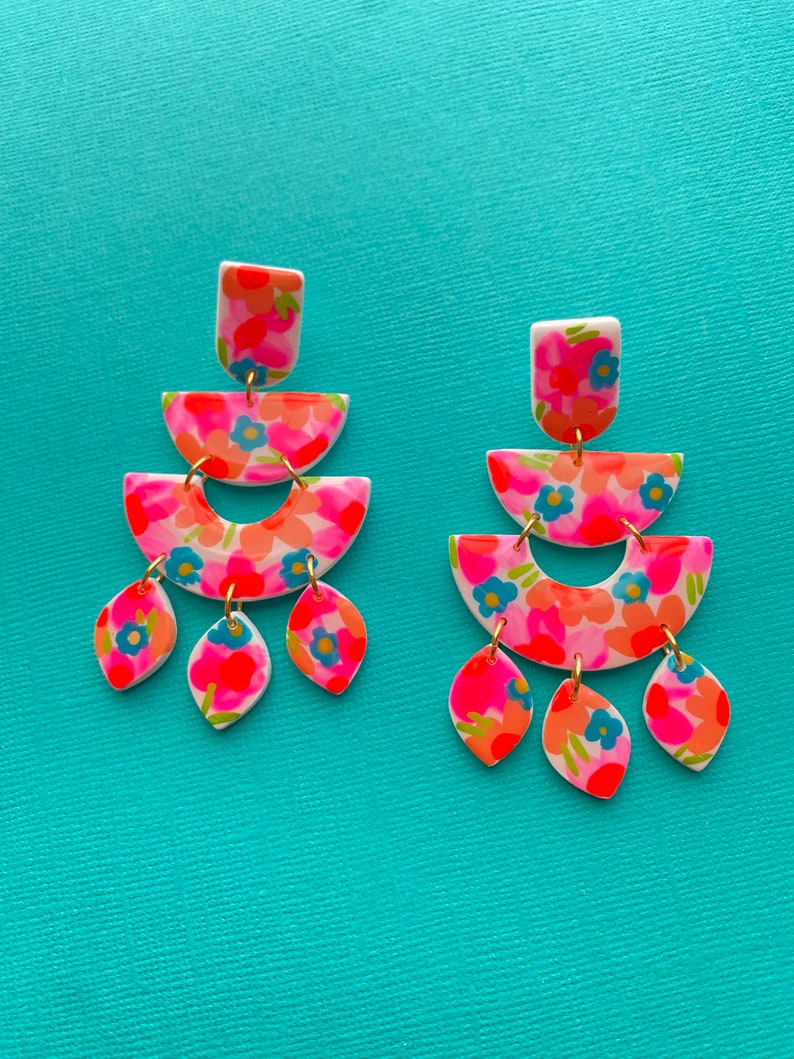 CLEO Colorful Neon Florals Hand Made To Order Polymer Clay Earring Neon Pink Orange Blue image 1