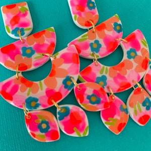 CLEO Colorful Neon Florals Hand Made To Order Polymer Clay Earring Neon Pink Orange Blue image 4