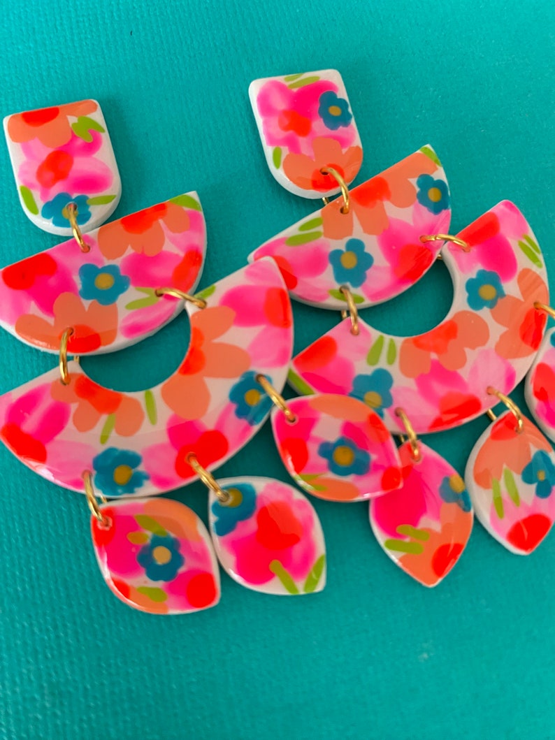 CLEO Colorful Neon Florals Hand Made To Order Polymer Clay Earring Neon Pink Orange Blue image 4