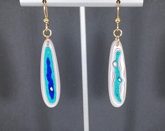 American Fordite Earrings in Elongated Teardrops with Gold Filled Ear Wires Ohio Motor Agate