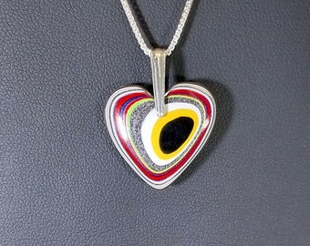 Collier fordite, jonc et chaîne en argent sterling massif, collier coeur, coeur Saint-Valentin, pendentif agate de l'Ohio Motor