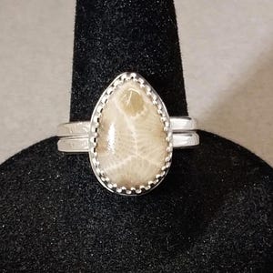 Petoskey Stone Ring, Size 8 Adjustable, Solid Silver, Michigan Petoskey Stone, Adjustable Petoskey Ring , Teardrop, Artisan Handmade