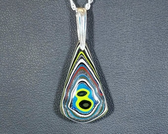 Reversible Fordite Necklace with Sterling Silver Bail and Chain in a Colorful Diamond with Neon Green