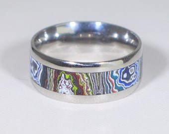 Fordite Ring, Size 6 3/4, Fordite Channel Ring, Intricate Patterns, Wide Band Fordite Ring, Men Fordite, Fordite Jewelry