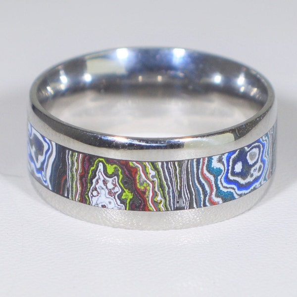 Fordite Ring, Size 6 3/4, Fordite Channel Ring, Intricate Patterns, Wide Band Fordite Ring, Men Fordite, Fordite Jewelry
