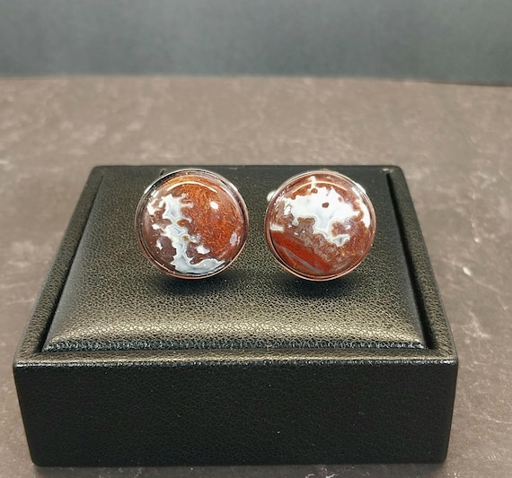 Lake Superior Agate Cufflinks, Stainless Steel Settings, Minnesota Found Moss Agate