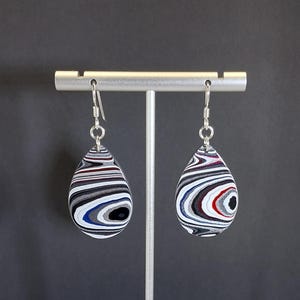 Fordite Earrings with Sterling Silver Ear Wires in Teardrops Black and White Layered Look