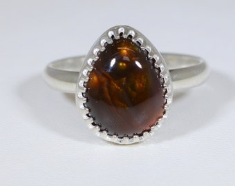 Fire Agate Ring, Size 7 1/4, Solid Silver, Mexican Fire Agate, USA Handmade in Wisconsin