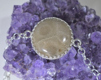 Petoskey Stone Bracelet, Silver 925, Solid Silver Petoskey Bracelet, Adjustable, Michigan Petoskey Stone, Michigan Gift