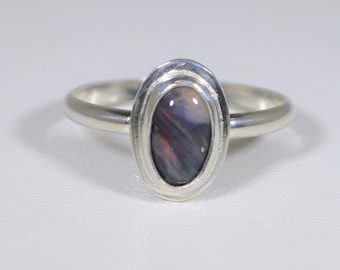 Australian Opal Ring, Size 7, Solid Silver, Black Opal Ring, Red and Green Color, Lightning Ridge Opal