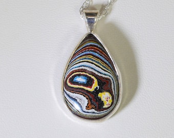 Fordite Necklace, Solid Silver, Vette Fordite, Fordite Jewelry, Fordite Teardrop Silver Necklace