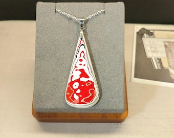 Fordite Necklace with Red, Wisconsin Handmade, Stainless Steel Chain