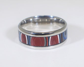 Fordite Ring, Size 8, Fordite, Wide Band Ring, Stainless Steel, Motor City Agate, Patriotic Colors, Recycled