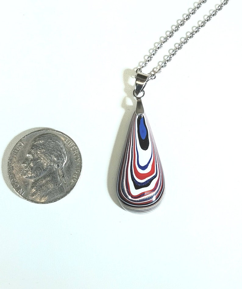 Fordite Necklace, Patriotic Colors, Veteran Handmade, Pendant, Ohio Motor Agate, Fordite Jewelry, Fordite Teardrop, Reused Bild 2