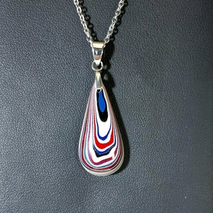 Fordite Necklace, Patriotic Colors, Veteran Handmade, Pendant, Ohio Motor Agate, Fordite Jewelry, Fordite Teardrop, Reused Bild 1