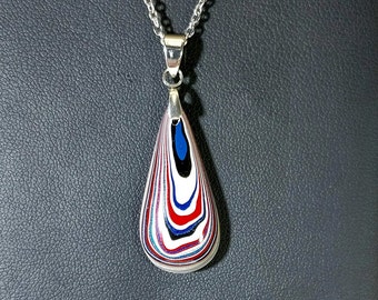 Fordite Necklace, Patriotic Colors, Veteran Handmade, Pendant, Ohio Motor Agate, Fordite Jewelry, Fordite Teardrop, Reused