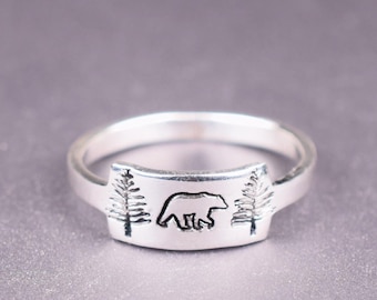 Wild Bear Ring, Hand Stamped Sterling Silver Ring, Forest Jewelry, Wilderness Jewelry for Nature Lovers, Hiking Gift