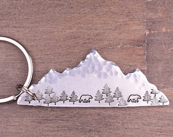 Mountain Bear Keychain, Hiking Adventure Key Chain, Hand Stamped Mountain Range Key Ring, Personalized Outdoor Lover Gift