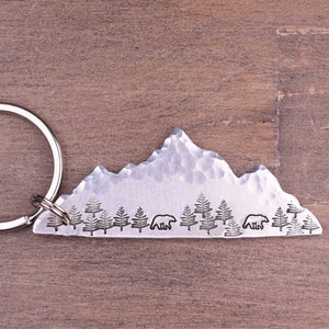 Mountain Bear Keychain, Hiking Adventure Key Chain, Hand Stamped Mountain Range Key Ring, Personalized Outdoor Lover Gift