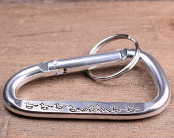 Running Horse Carabiner Keychain, Hand Stamped Western Keychain for Nature Lovers, Key Ring with Mountains and Horses, Hiking Gift - Small