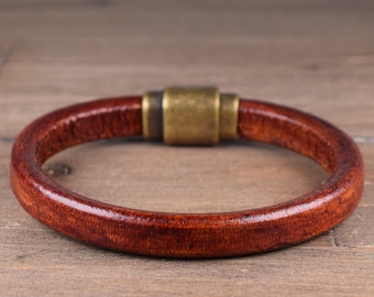 Thick Leather Bracelet, Whiskey Brown Leather Bangle for Men and Women, Minimalist Western Statement Leather Cuff