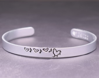 Rooster Love Song Bracelet, Hand Stamped Aluminum Cuff Bracelet, Farm Pet Jewelry, Pet Rooster Jewelry for Chicken Owners, Homestead Gift