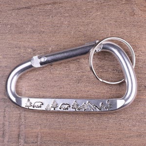 Mountain Bear Carabiner Keychain, Hand Stamped Wilderness Keychain for Nature Lovers, Key Ring with Mountains Trees and Bears - Small