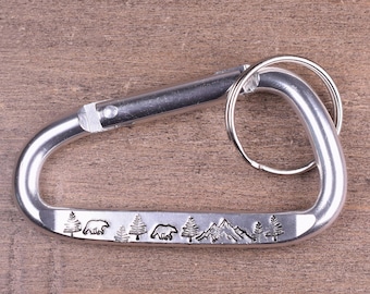 Mountain Bear Carabiner Keychain, Hand Stamped Wilderness Keychain for Nature Lovers, Key Ring with Mountains Trees and Bears - Small