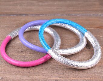 Elegant Half Cuff Leather Bracelet, Minimalist Round Leather Bangle, Pretty Leather Jewelry Gift, Pink Purple or Blue Leather