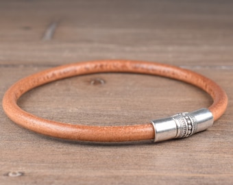 Camel Brown Leather Bracelet with an Elegant Magnetic Clasp, Minimalist Round Leather Bracelet Bangle, Pretty Leather Jewelry