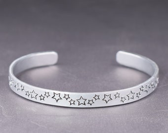 Star Trail Bracelet, Hand Stamped Aluminum Cuff Bracelet, Cheerful Celestial Jewelry for Astronomy Lovers, Secret Message Bracelet