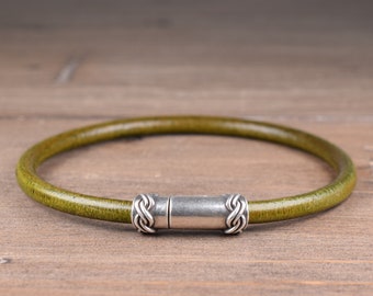 Olive Green Celtic Leather Bracelet with a Celtic Knot Clasp, Minimalist Round Leather Bangle, Norse Viking Leather Jewelry