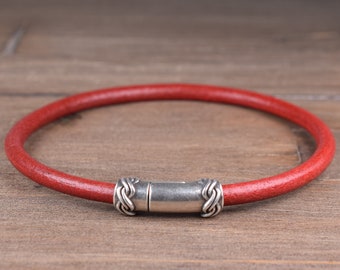 Celtic Leather Bracelet, Red Leather Bracelet with a Magnetic Clasp, Minimalist Round Leather Bangle, Norse Viking Leather Jewelry