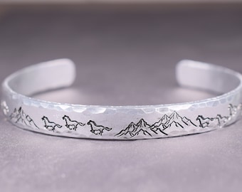 Horses and Mountains Bracelet, Hand Stamped Aluminum Cuff Bracelet, Western Jewelry, Wild Mustang Jewelry for Horse Lovers, Barn Gift