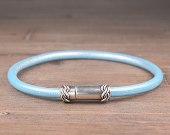 Celtic Leather Bracelet, Metallic Seafoam Blue Bracelet with a Magnetic Clasp, Minimalist Round Leather Bangle, Norse Viking Leather Jewelry
