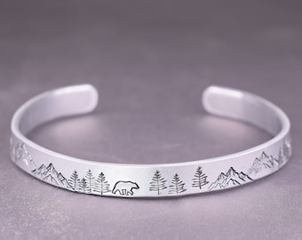 Mountain Bear Bracelet, Hand Stamped Aluminum Cuff Bracelet, Forest Jewelry, Wilderness Jewelry for Nature Lovers, Hiking Gift