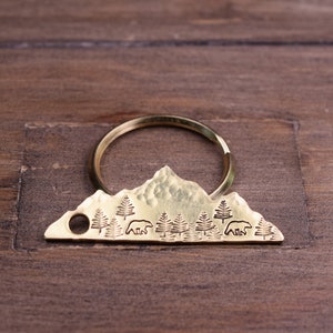 Mountain Keychain, Mountain Bear Key Ring, Adventure Key Chain, Hiking Gift, Hand Stamped Brass Keyring, Personalized Nature Lover Gift