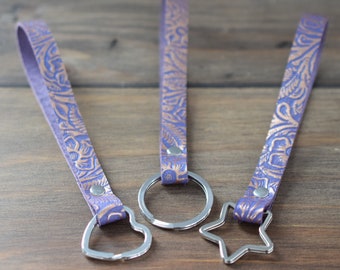 Purple and Rose Gold Leather Wristlet Keychain, Floral Leather Wrist Lanyard for Keys, Leather Wrist Keychain, Leather Key Holder