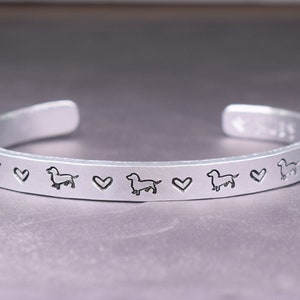 Dachshund Bracelet, Hand Stamped Dachshund Love Cuff Bracelet with Custom Text, Dog Lover Jewelry, Pet Dog Bracelet, Secret Message Bracelet