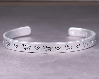 Dachshund Bracelet, Hand Stamped Dachshund Love Cuff Bracelet with Custom Text, Dog Lover Jewelry, Pet Dog Bracelet, Secret Message Bracelet