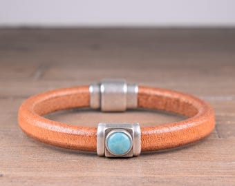 Thick Leather Bracelet with a Turquoise Blue Charm, Western Leather Statement Bracelet, Classic Leather Bangle for Men and Women