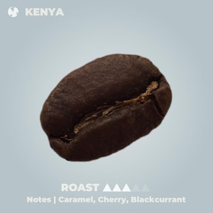May include: A close-up of a dark brown coffee bean. The bean is roasted to a medium level and has a smooth, glossy surface. The text "ROAST" is written below the bean, with a rating of four out of five triangles. The text "Notes | Caramel, Cherry, Blackcurrant" is written below the rating.