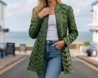 Leaf Design Lambskin Leather Jacket - Handmade Women's Coat