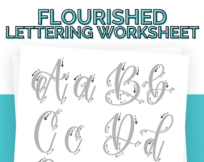 Featured listing image: Flourished Lettering Guide | Learn to Letter | Lettering Beginners | Lettering and Calligraphy Guide | Script Practice