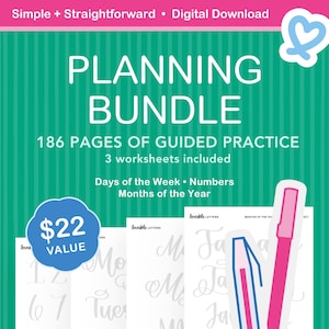 Planning Lettering Worksheet Bundle | Months, Days, + Numbers for Journals and Calendars